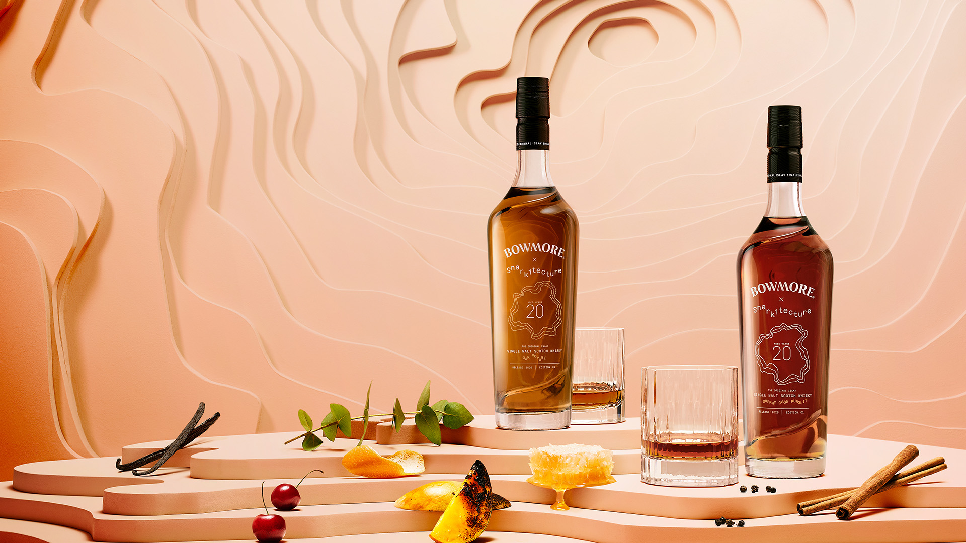 Bowmore Oak Voyage and Sherry Cask Pursuit 20 Year Old Single Malt Scotch Whisky bottles in the Captivo setting