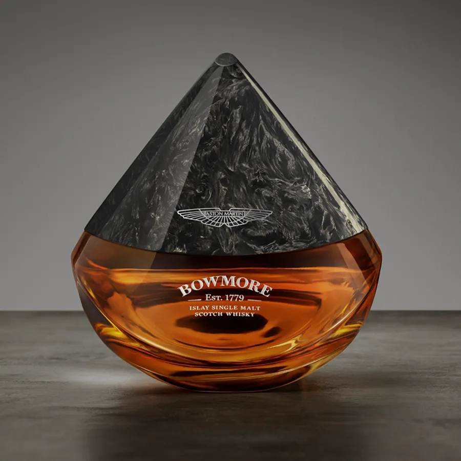 Bowmore Arc 52 year old Mokume edition bottle with Bowmore and Aston Martin logo
