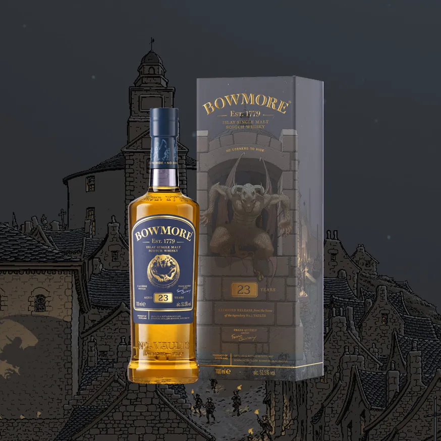 Bowmore Frank Quitely 23 Year Old No Corners and Box on illustrative dark background