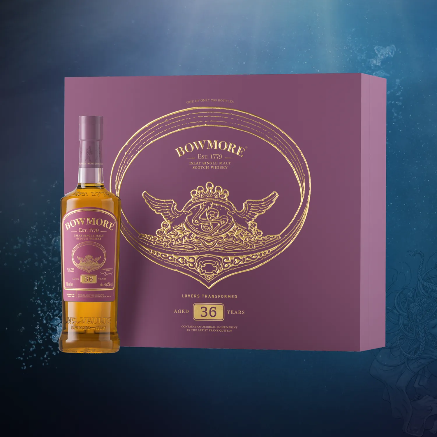 Bowmore Frank Quitely Lovers Transformed 36 Year Old bottle with purple box on an underwater background