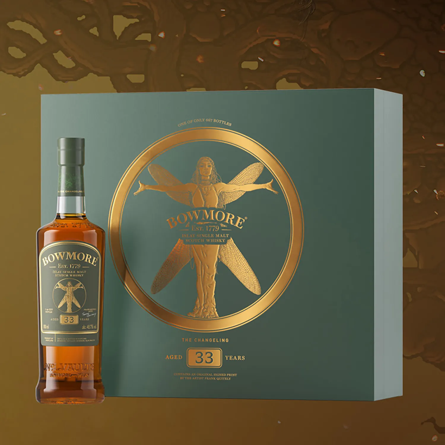 Bowmore Frank Quitely The Changeling 33 Year Old bottle and green box with gold detail 