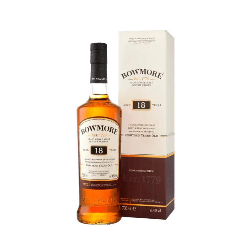 Image of a bottle of Bowmore 18 Year Old positioned beside a matching rectangular cardboard box.