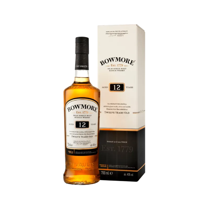 Image of a bottle of Bowmore 12 Year Old positioned beside a matching rectangular cardboard box.