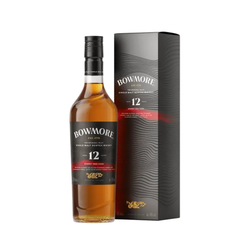 bottle of Bowmore 12 Year Old Sherry Matured whisky positioned beside a matching rectangular cardboard box.