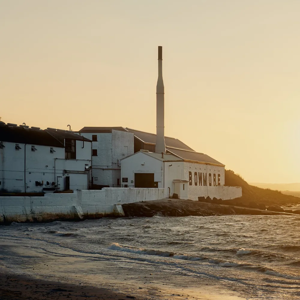 Bowmore distillery at sunset