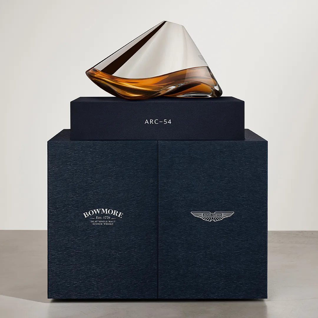 Bowmore ARC-54 Decanter on top of box with Bowmore and Aston Martin brand logos