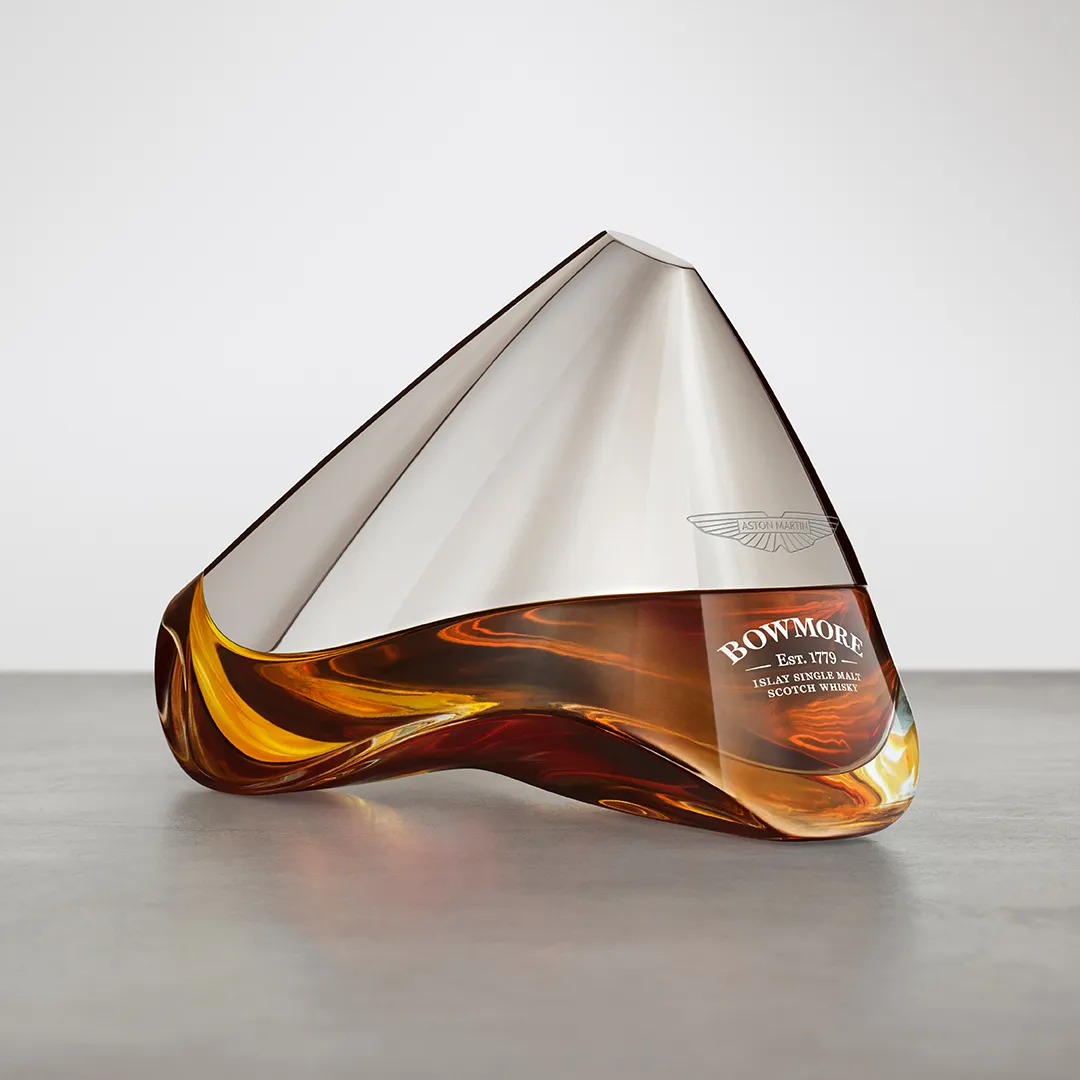 Bowmore ARC-54 Decanter front with Bowmore and Aston Martin logos