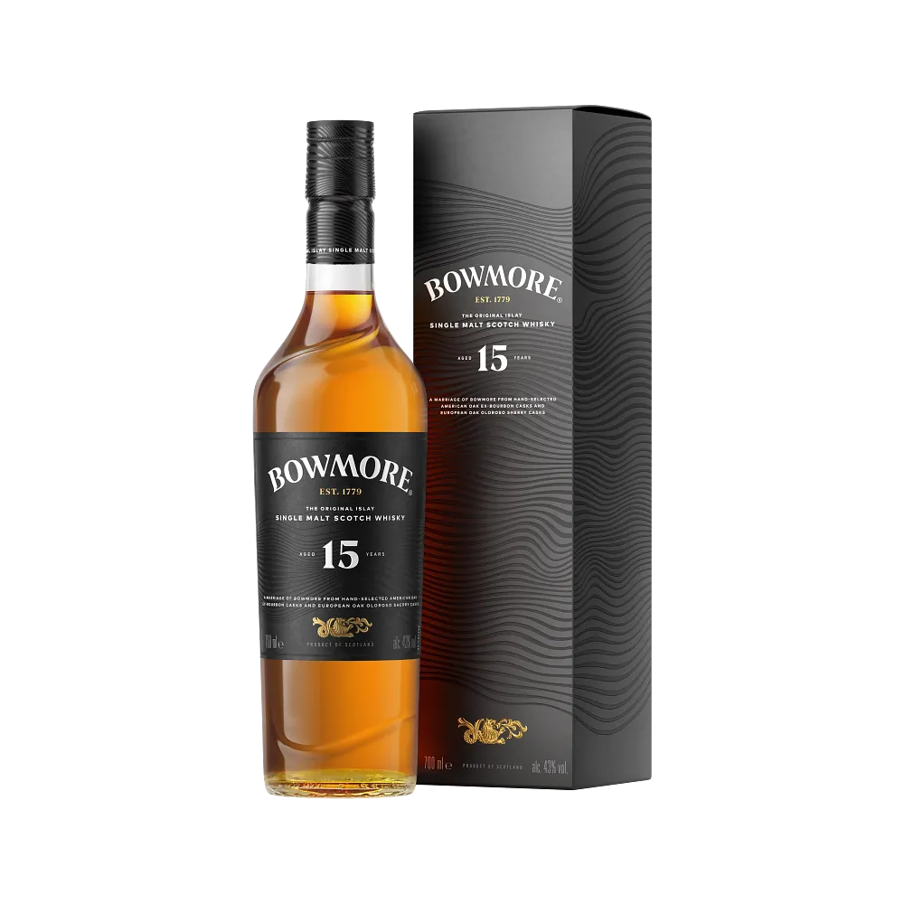 Bowmore-15-Year-Old-Core-Bottle-with-Box-at-Side-View