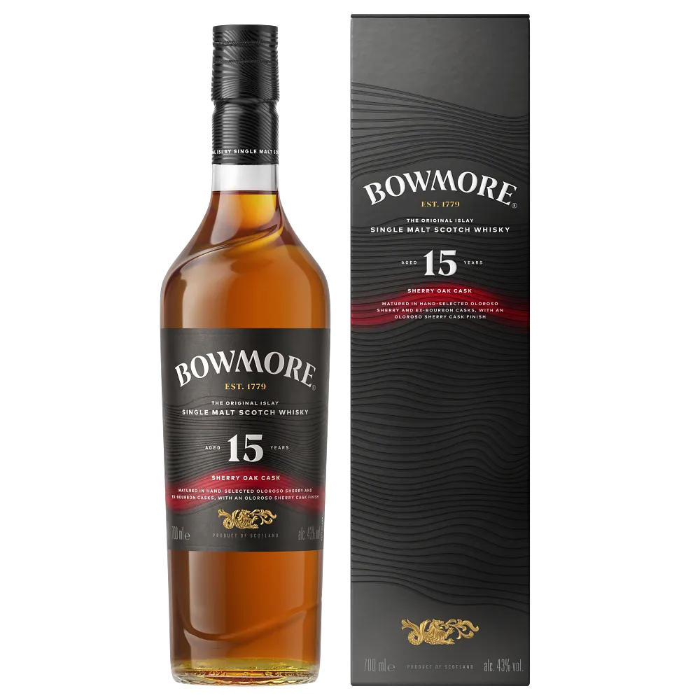 Bowmore 15 year Old sherry oak cask bottle and box