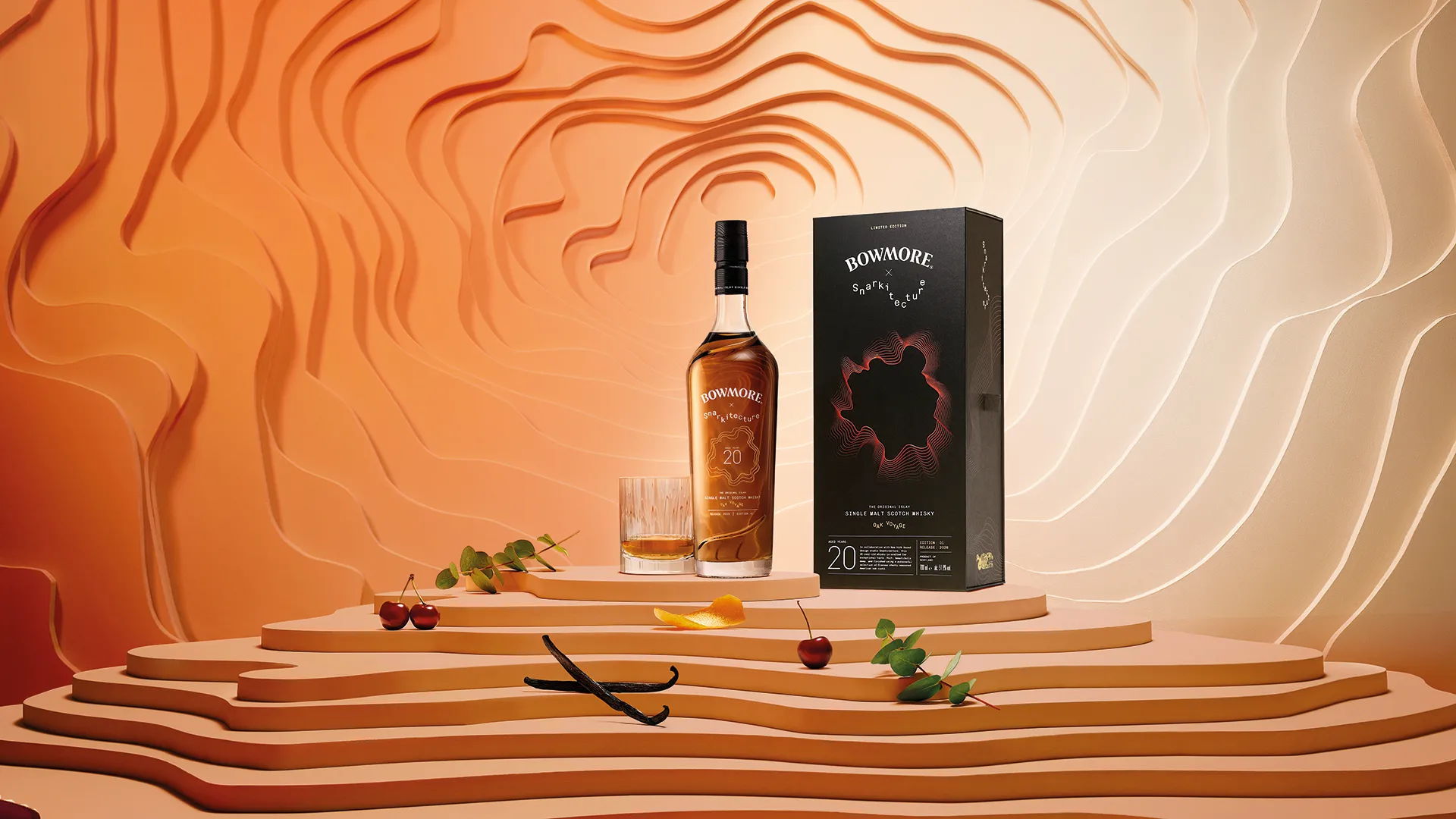 Bowmore Oak Voyage 20 Year Old bottle and presentation box within the sculptural Captivo setting