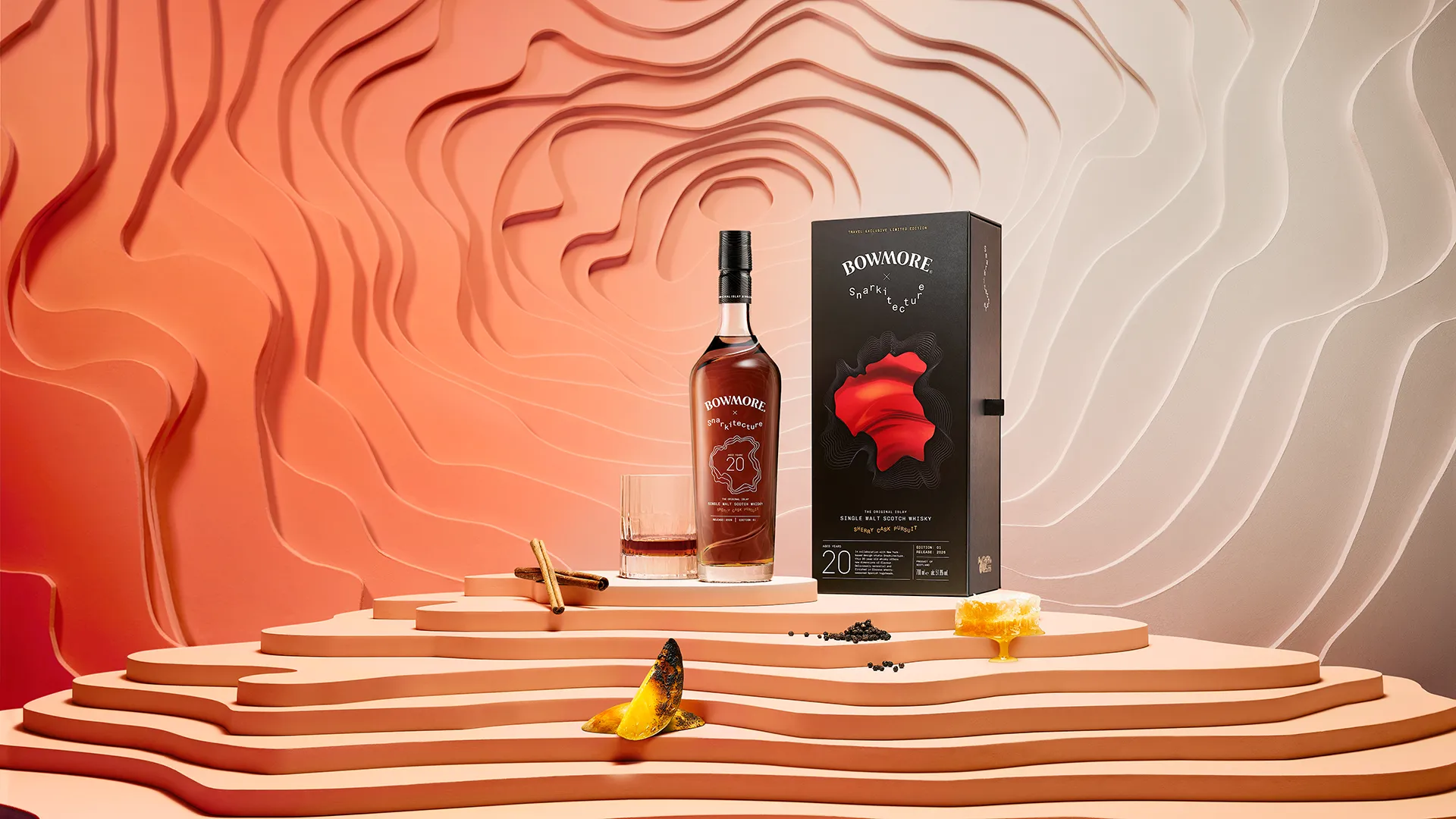 Bowmore Sherry Cask Pursuit 20 Year Old bottle and presentation box within the sculptural Captivo setting