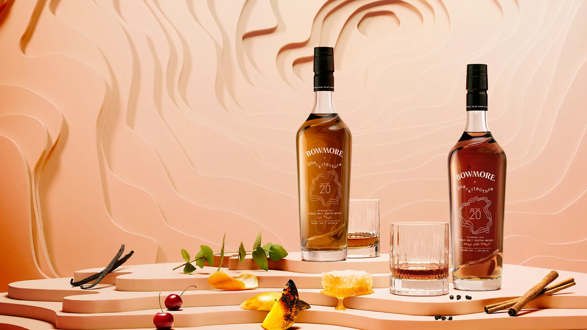 Bowmore Oak Voyage and Sherry Cask Pursuit 20 Year Old Single Malt Scotch Whisky bottles from the Captivo Collection
