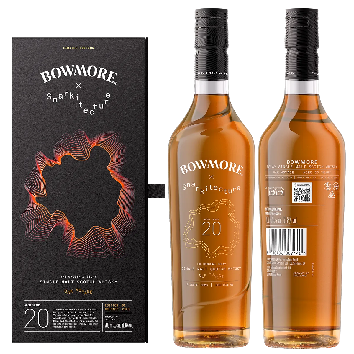 Alt text: Bowmore Oak Voyage 20 Year Old bottle shown front and back with presentation box