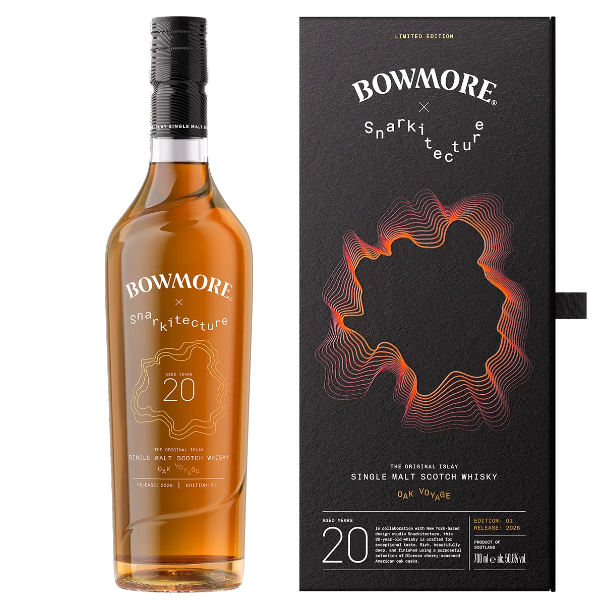 Bowmore Oak Voyage 20 Year Old Single Malt Scotch Whisky bottle and presentation box