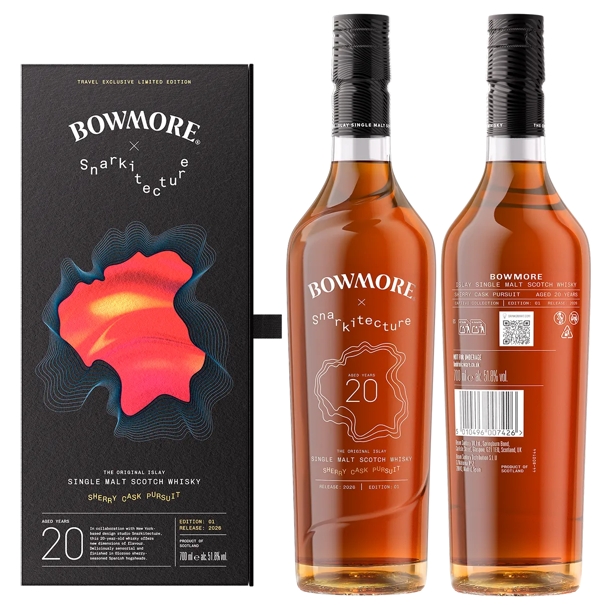 Bowmore Sherry Cask Pursuit 20 Year Old bottle shown front and back with presentation box