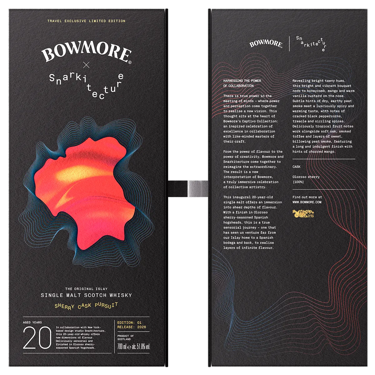 Front and back of the Bowmore Sherry Cask Pursuit 20 Year Old presentation box designed with Snarkitecture